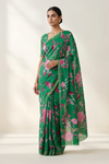 Emerald Green Floral Printed  Linen Saree