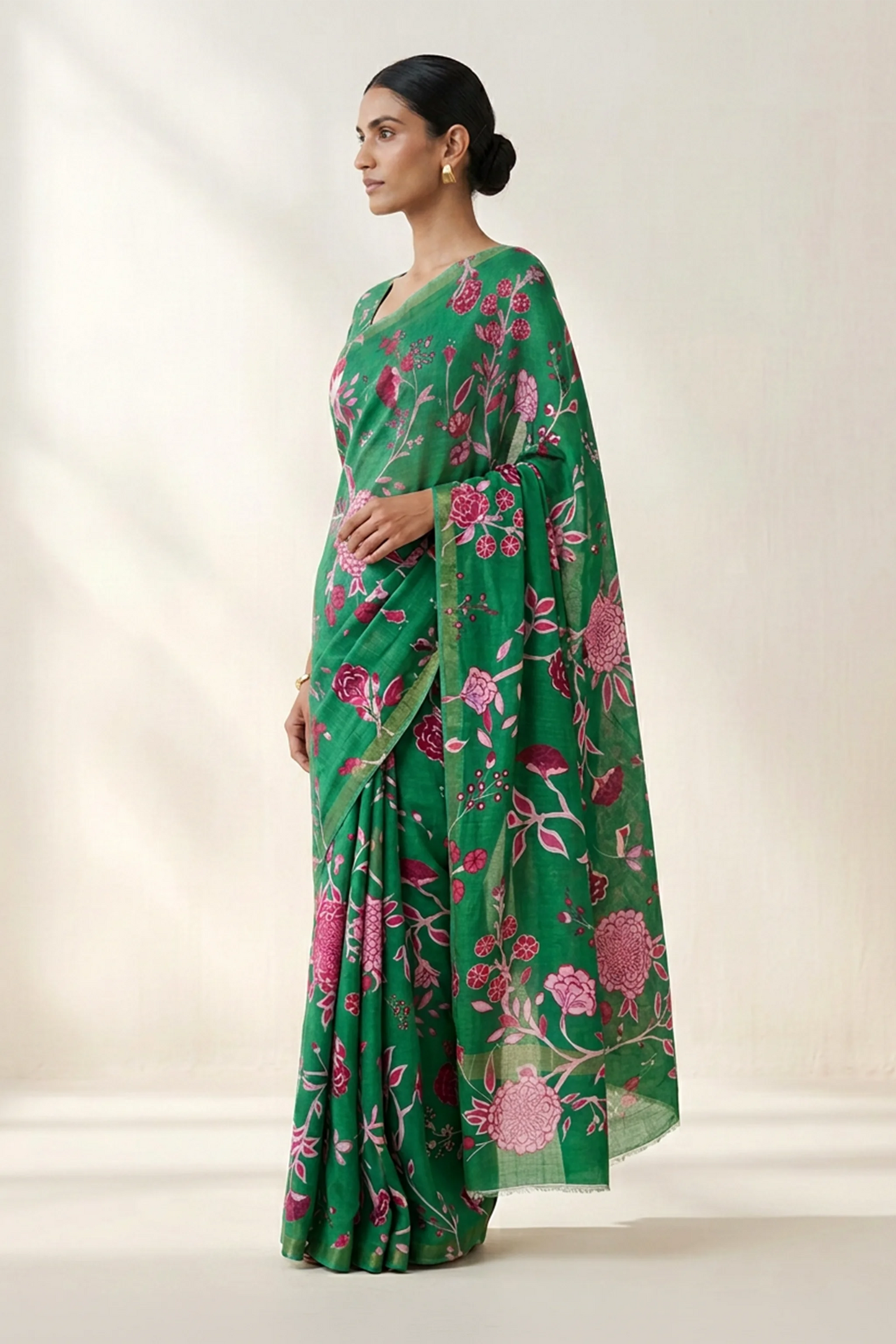 Emerald Green Floral Printed  Linen Saree