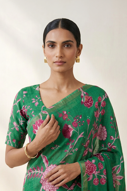 Emerald Green Floral Printed  Linen Saree