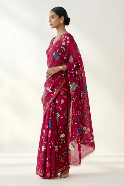 Raspberry Pink Floral Printed  Linen Saree