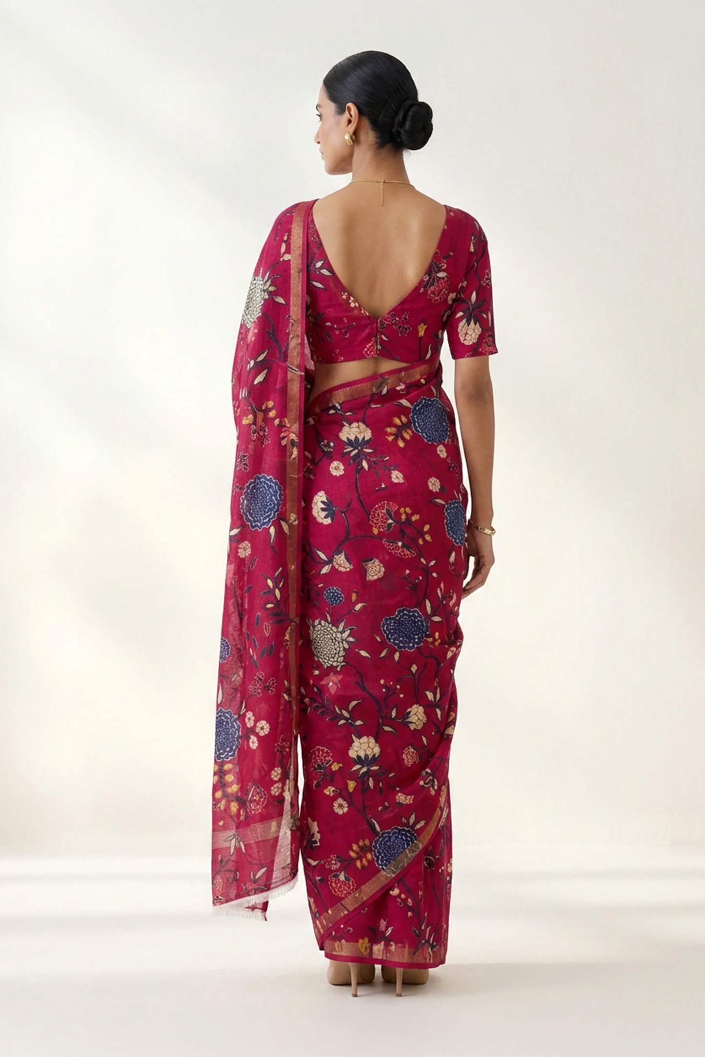 Raspberry Pink Floral Printed  Linen Saree