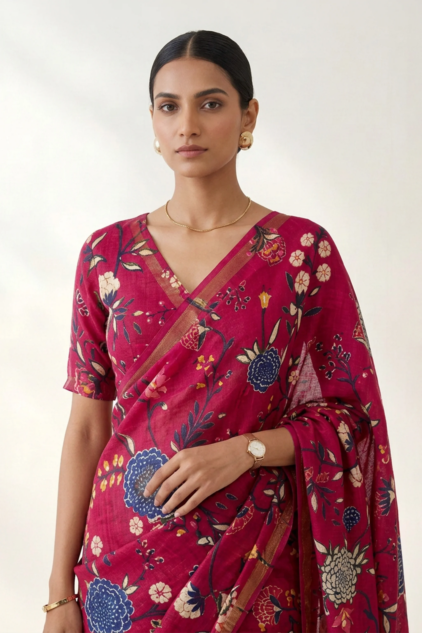 Raspberry Pink Floral Printed  Linen Saree