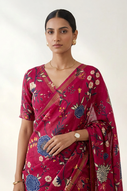 Raspberry Pink Floral Printed  Linen Saree