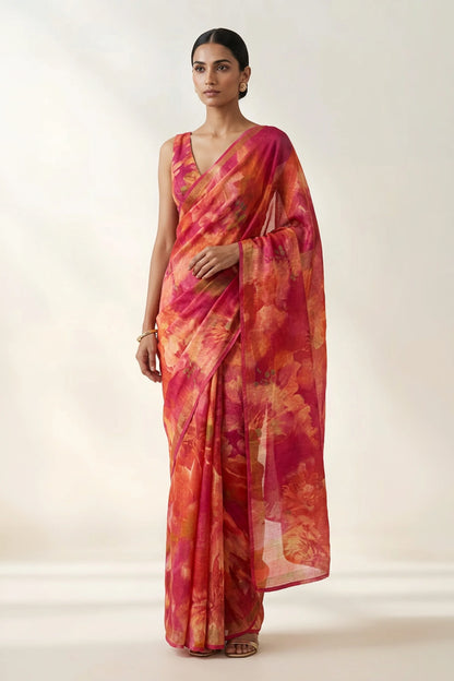 Burnt Orange Abstract Floral Printed  Linen Saree