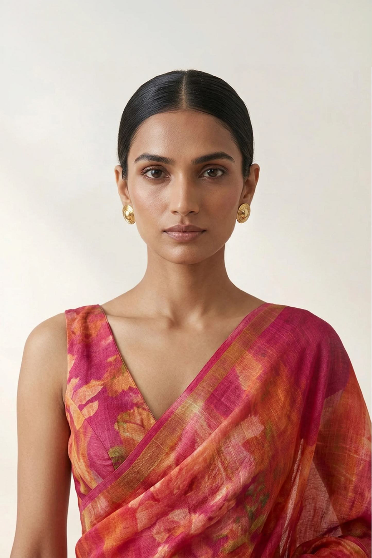 Burnt Orange Abstract Floral Printed  Linen Saree