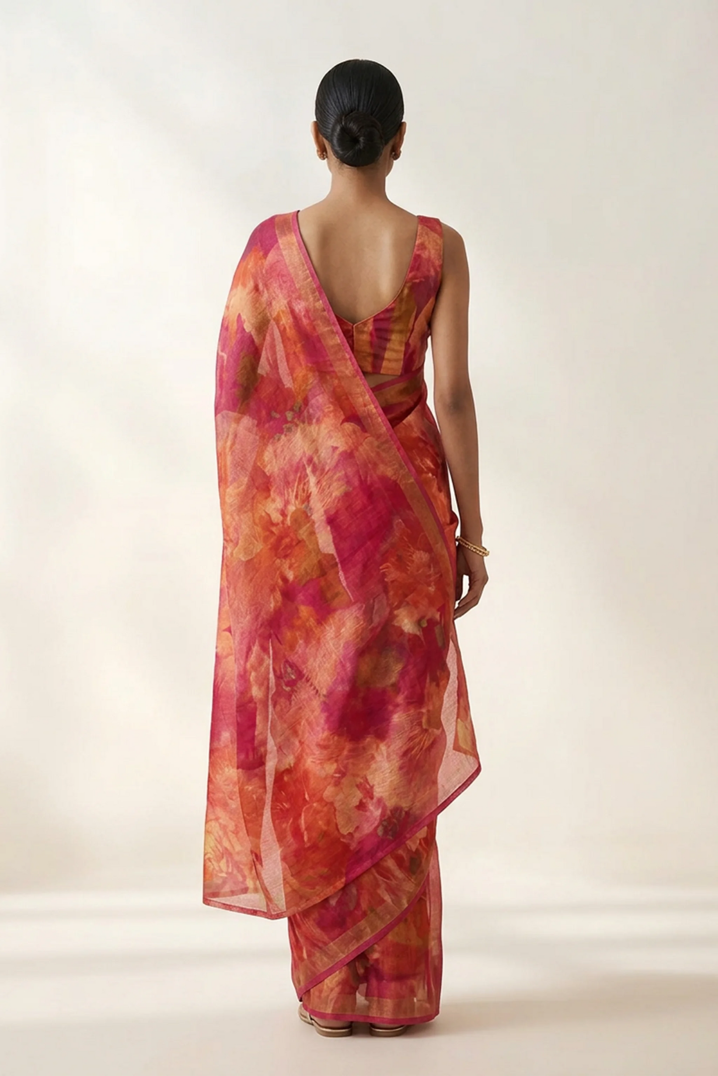 Burnt Orange Abstract Floral Printed  Linen Saree