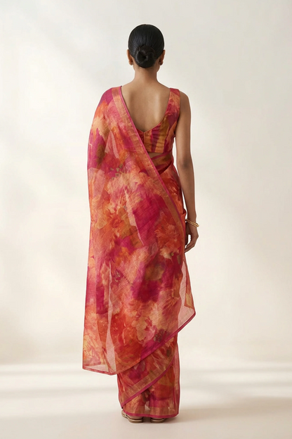 Burnt Orange Abstract Floral Printed  Linen Saree