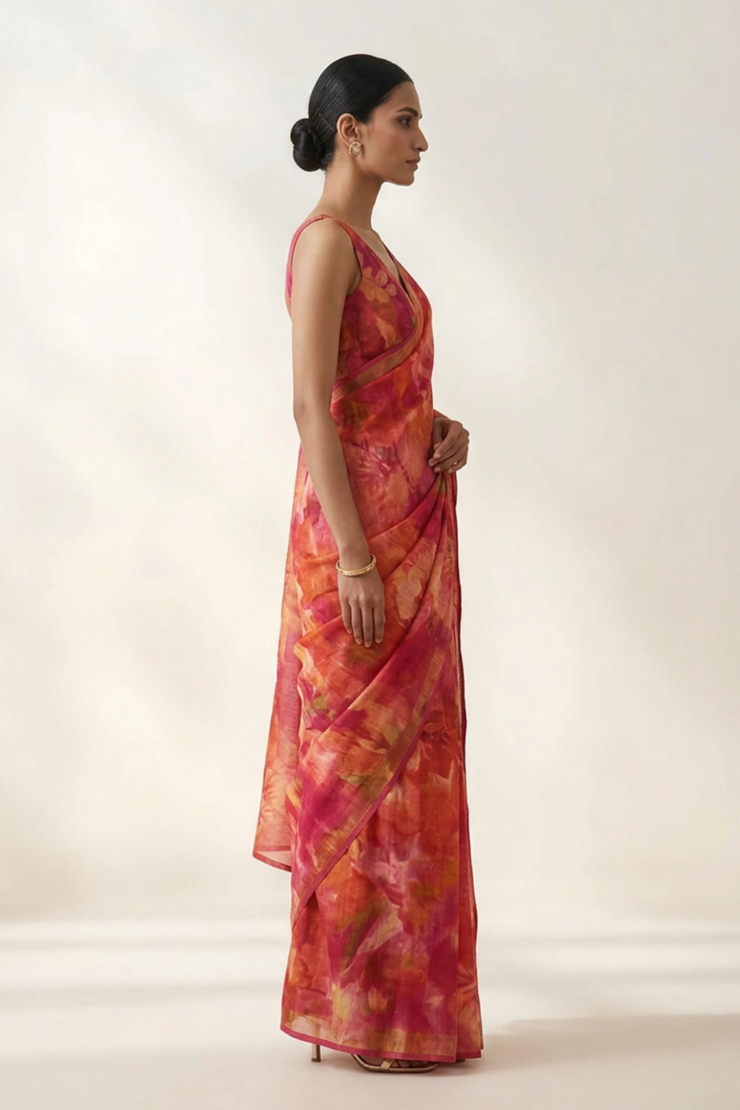 Burnt Orange Abstract Floral Printed  Linen Saree