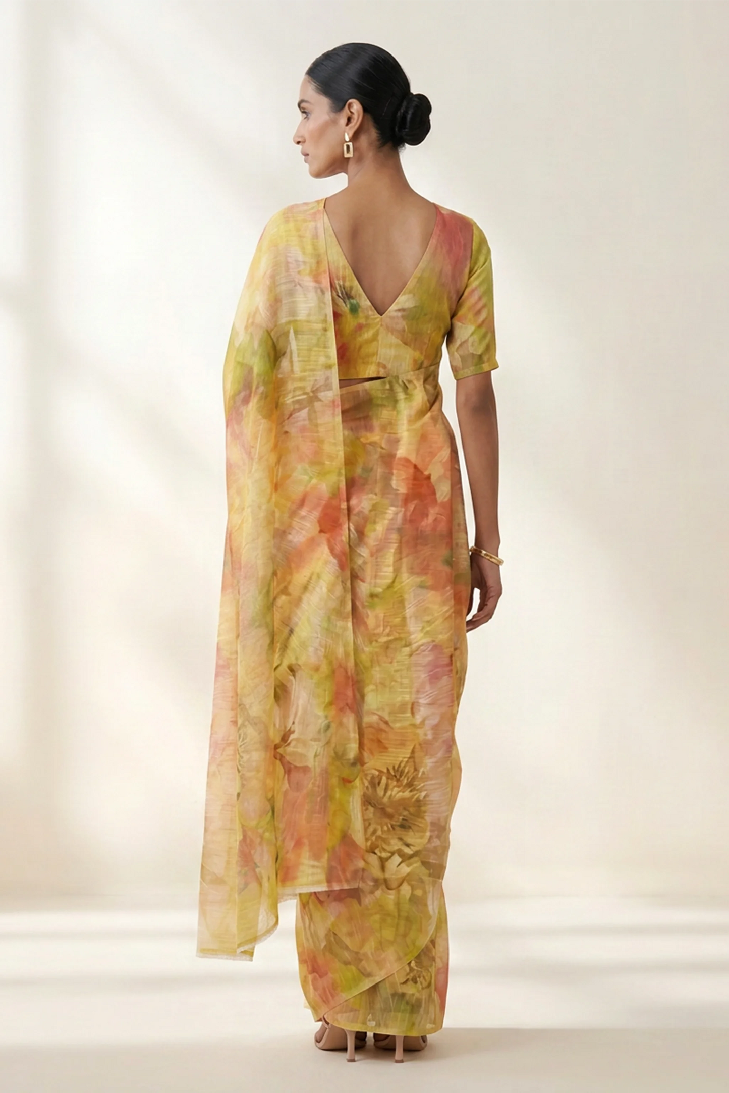 Sunflower Yellow Watercolour Floral Printed  Linen Saree