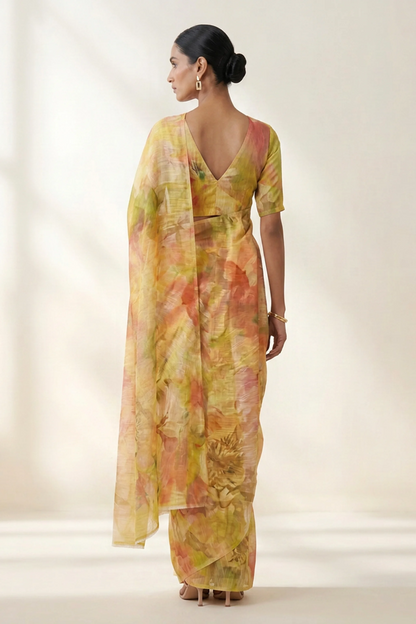 Sunflower Yellow Watercolour Floral Printed  Linen Saree