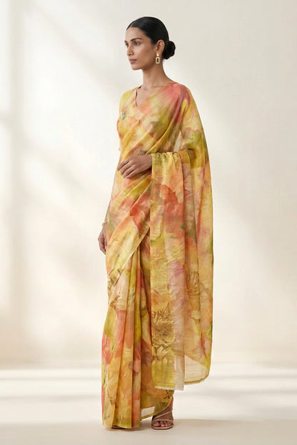 Sunflower Yellow Watercolour Floral Printed  Linen Saree