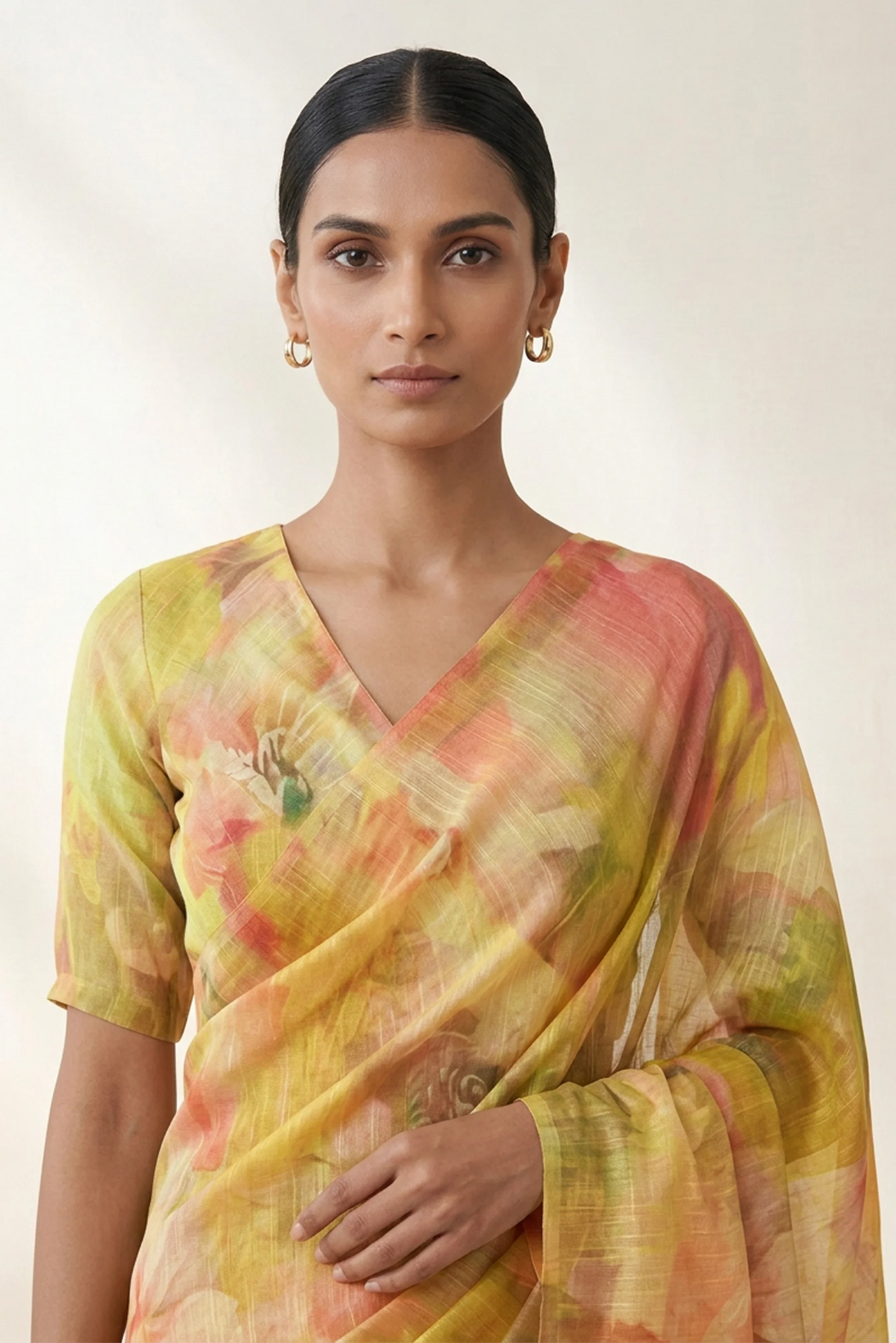 Sunflower Yellow Watercolour Floral Printed  Linen Saree