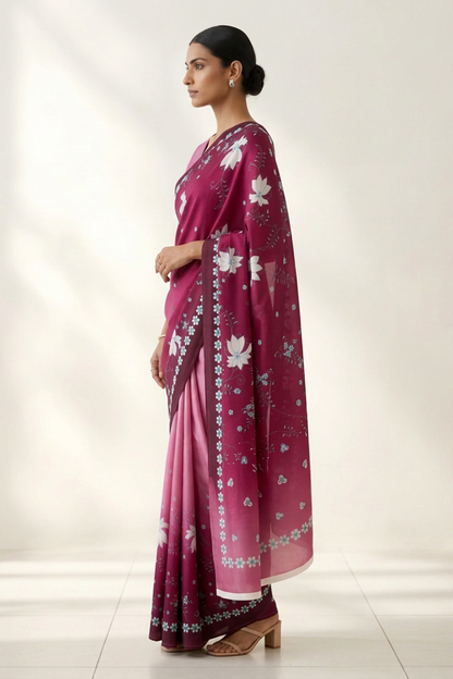 Berry Pink Falling Blooms Printed Crepe Saree