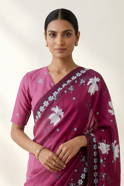 Berry Pink Falling Blooms Printed Crepe Saree