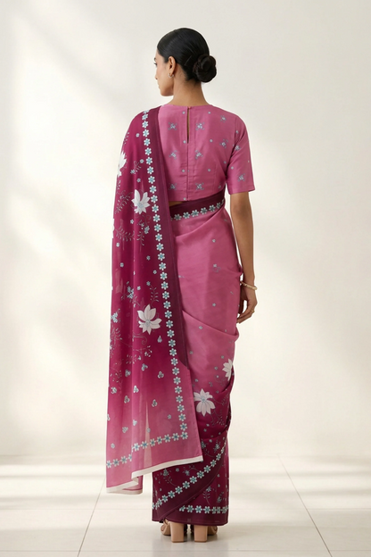 Berry Pink Falling Blooms Printed Crepe Saree
