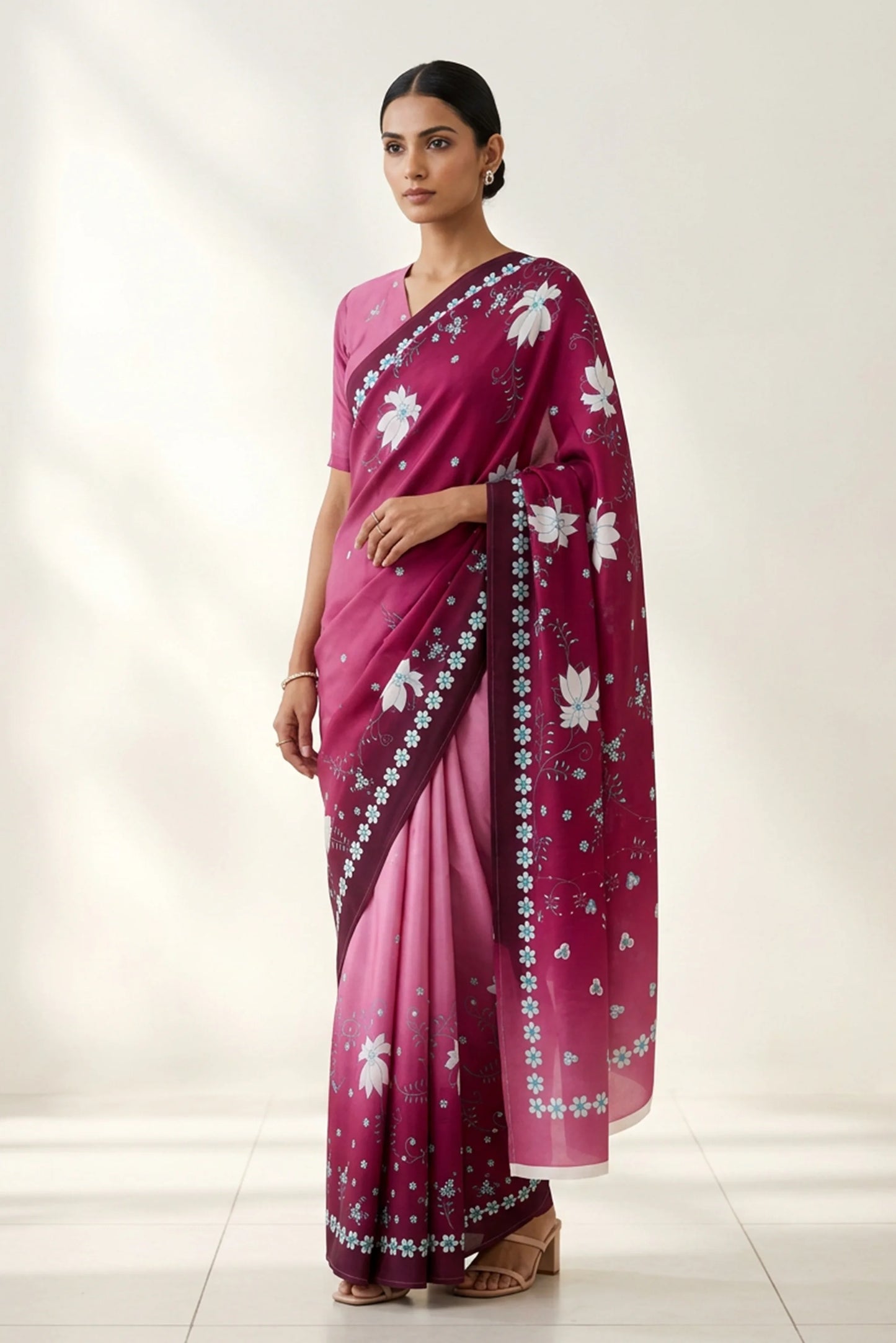 Berry Pink Falling Blooms Printed Crepe Saree
