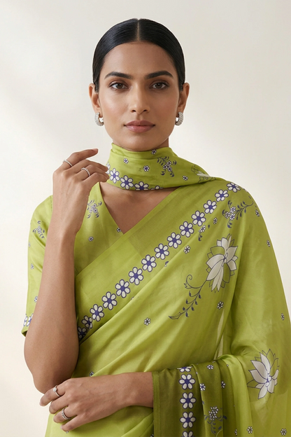 Lime Green Meadow Blooms Printed Crepe Saree