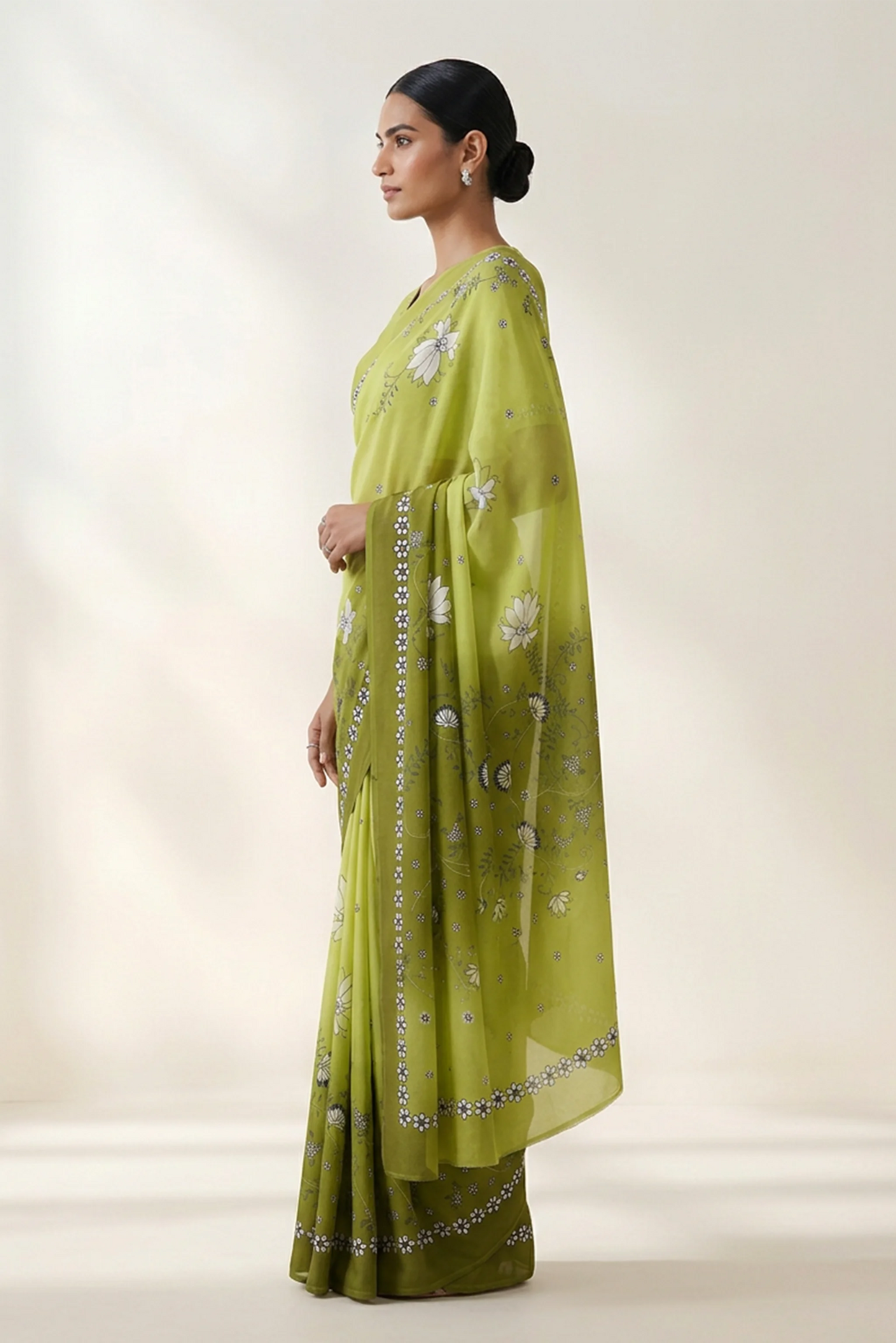 Lime Green Meadow Blooms Printed Crepe Saree