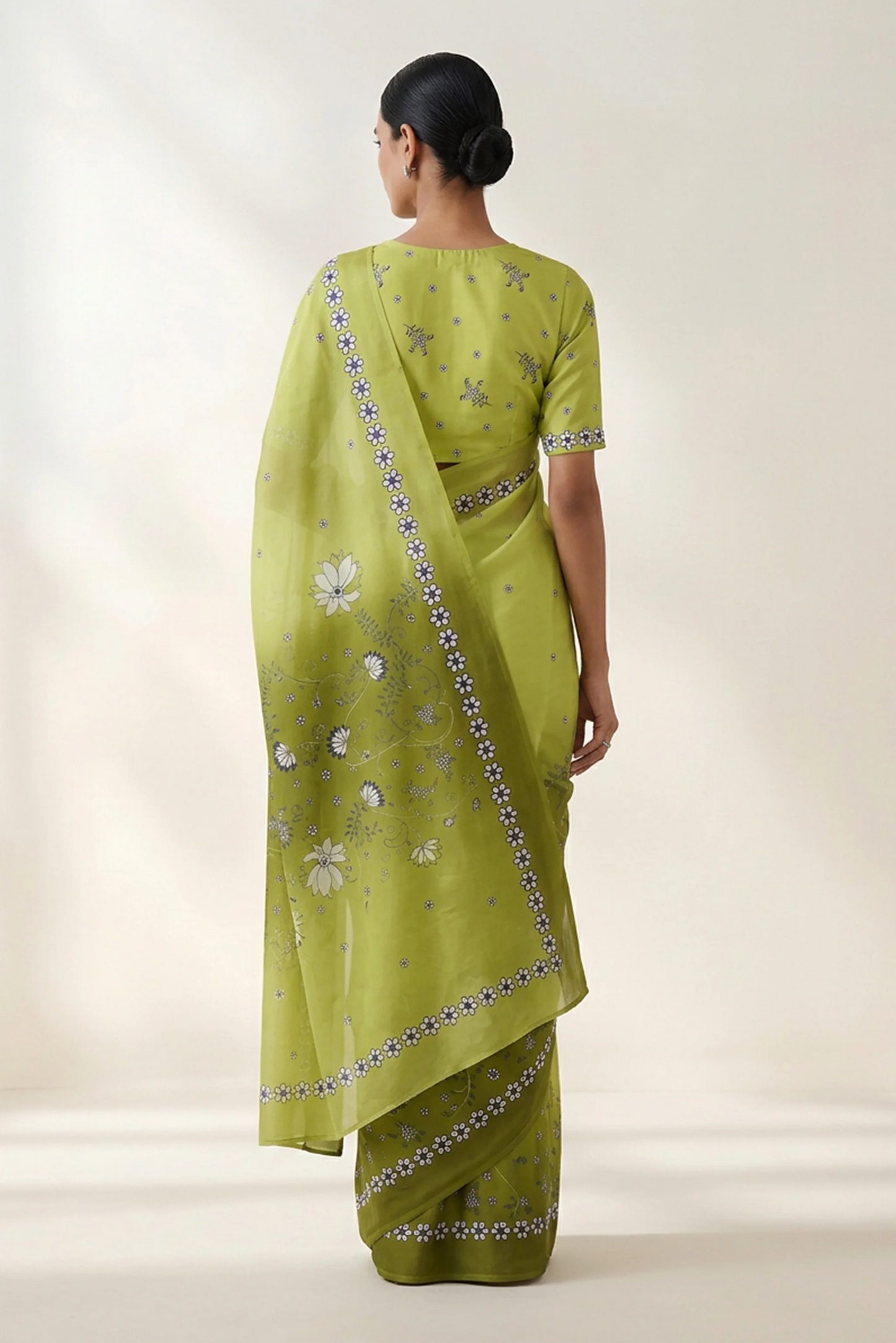 Lime Green Meadow Blooms Printed Crepe Saree