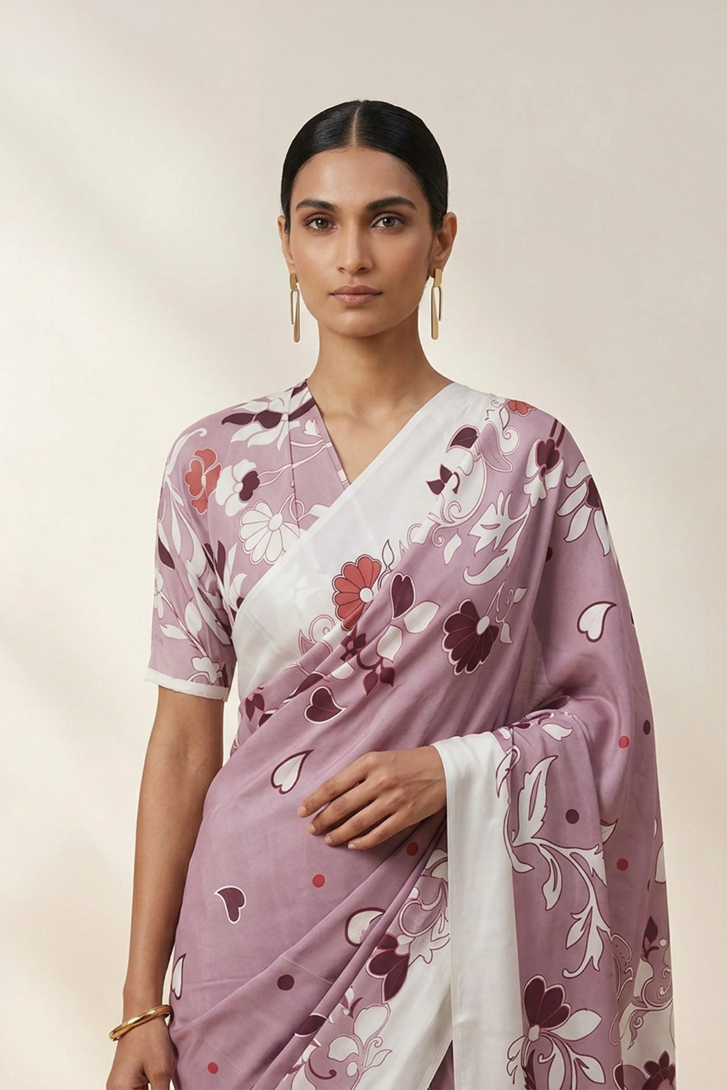 Dusty Rose Nouveau Floral Printed Crepe Saree