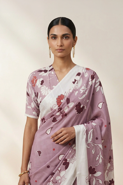 Dusty Rose Nouveau Floral Printed Crepe Saree