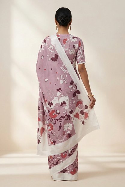 Dusty Rose Nouveau Floral Printed Crepe Saree