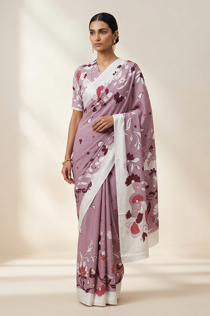 Dusty Rose Nouveau Floral Printed Crepe Saree