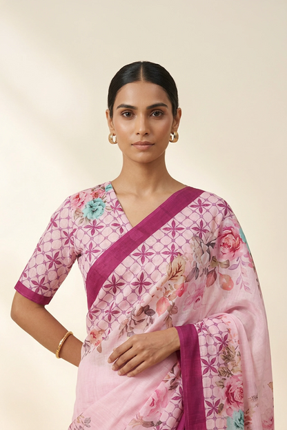 Blush Pink Garden Lattice Printed Crepe Saree