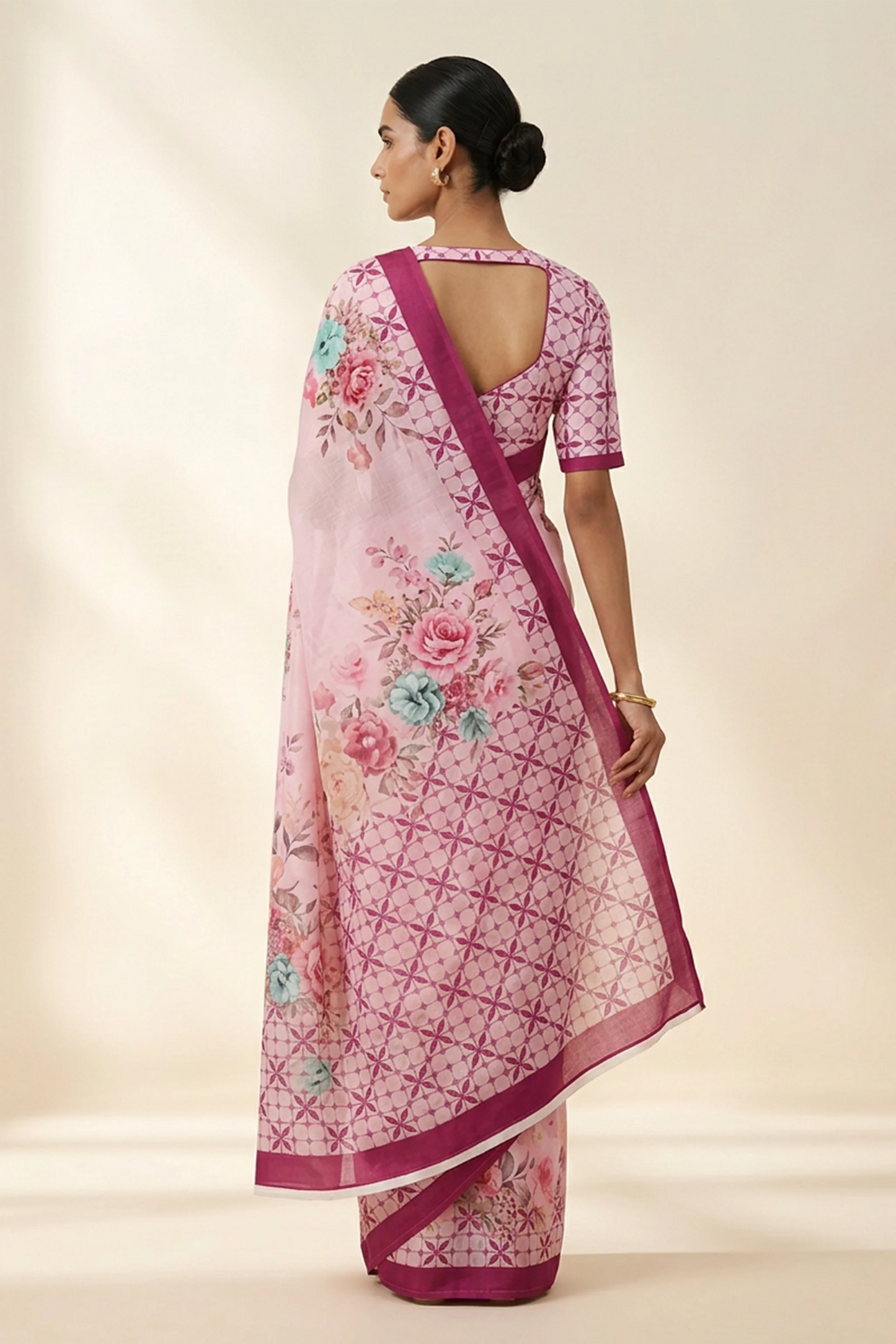 Blush Pink Garden Lattice Printed Crepe Saree