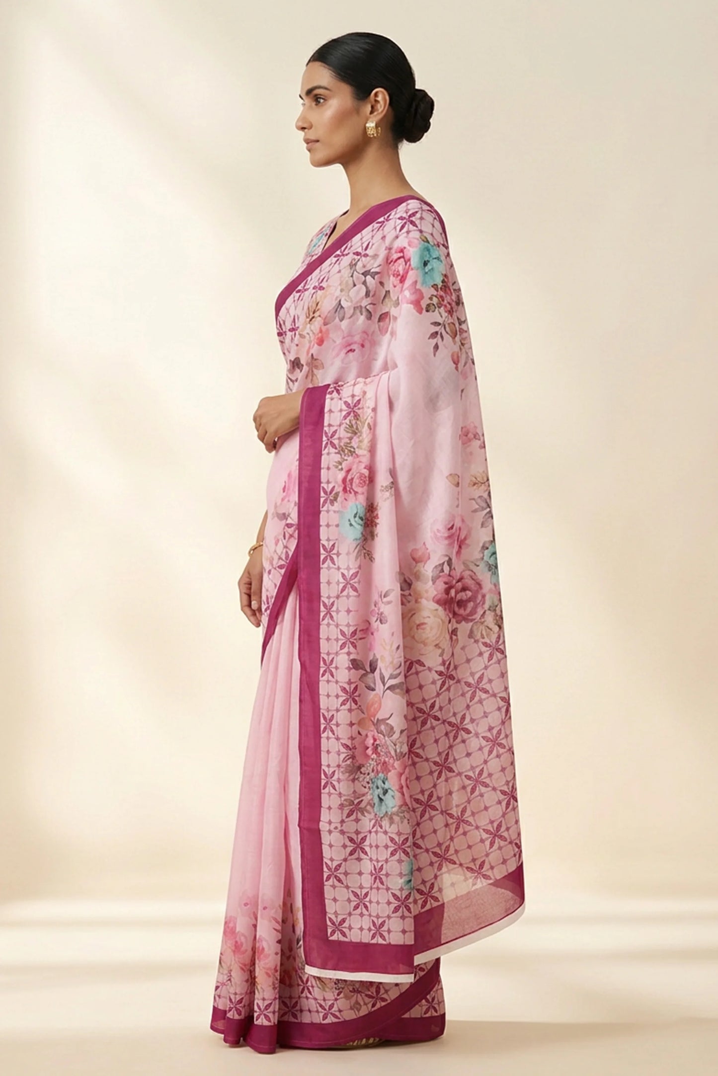 Blush Pink Garden Lattice Printed Crepe Saree