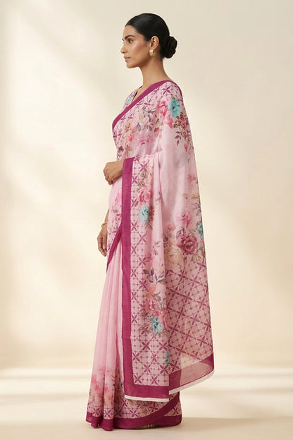 Blush Pink Garden Lattice Printed Crepe Saree