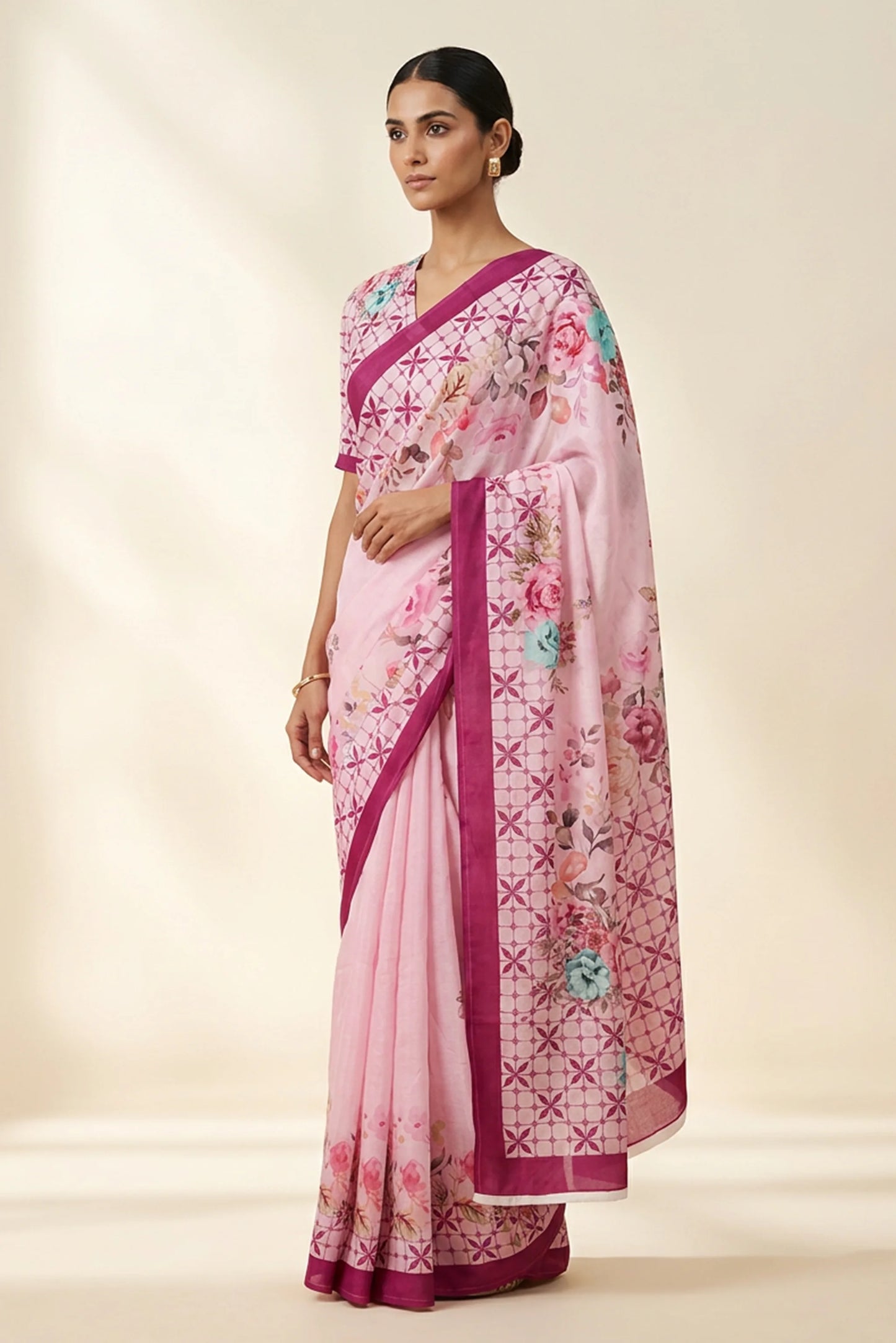 Blush Pink Garden Lattice Printed Crepe Saree