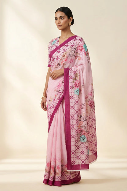 Blush Pink Garden Lattice Printed Crepe Saree