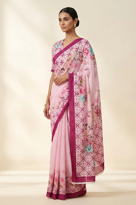 Blush Pink Garden Lattice Printed Crepe Saree