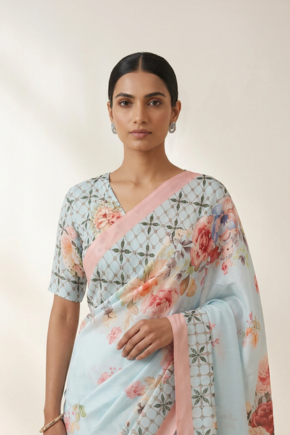 Sky Blue Lattice Printed Crepe Saree