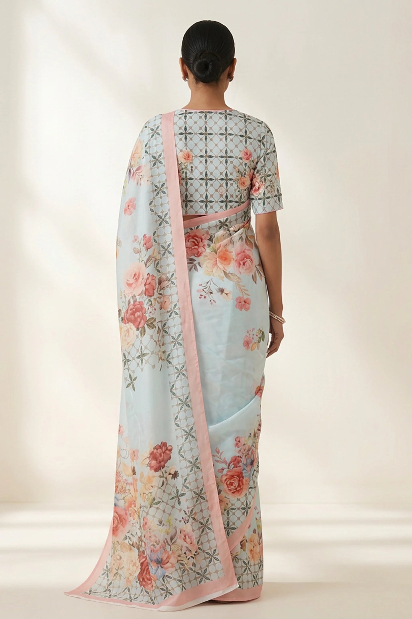 Sky Blue Lattice Printed Crepe Saree