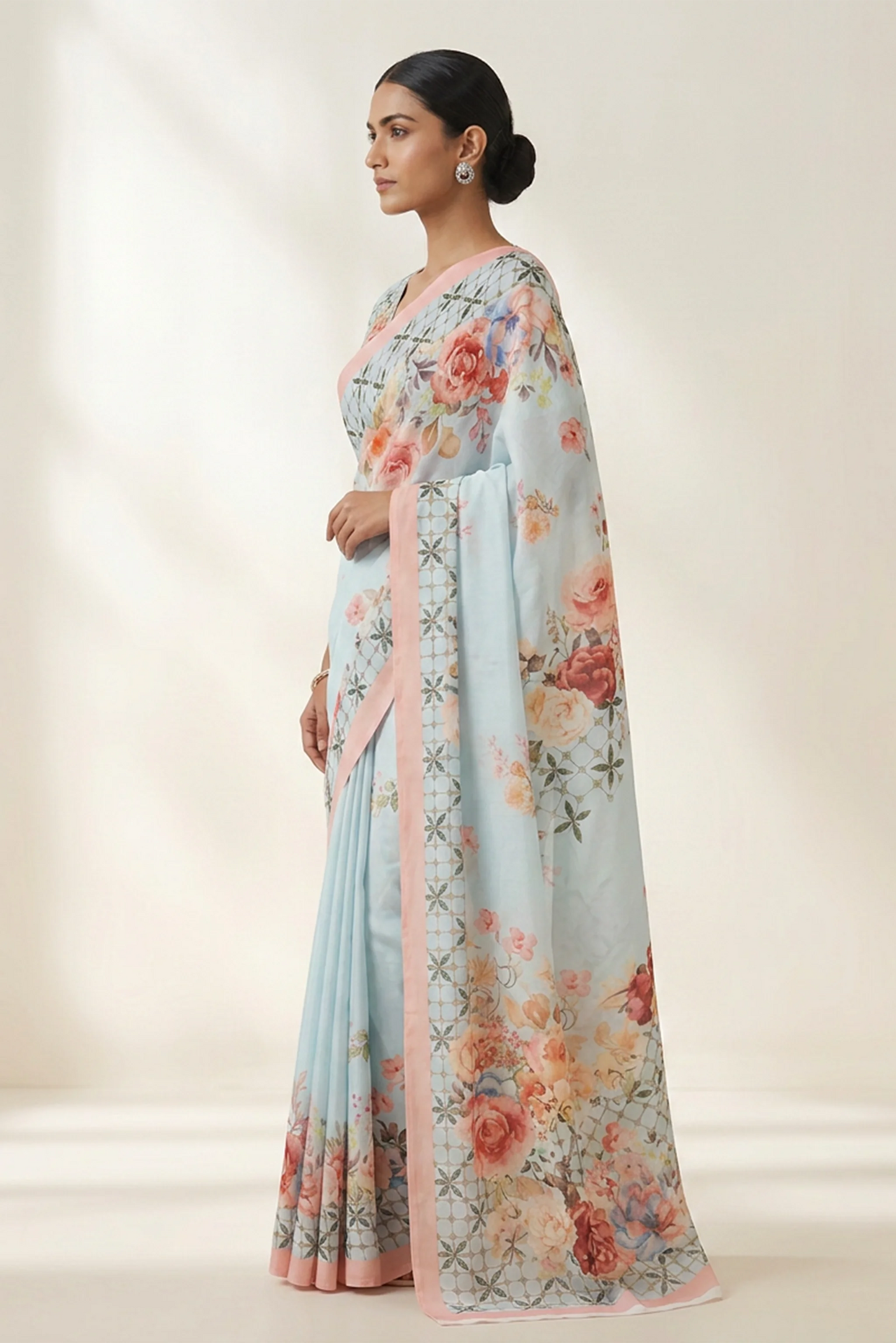 Sky Blue Lattice Printed Crepe Saree
