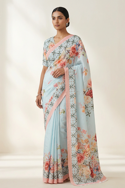 Sky Blue Lattice Printed Crepe Saree