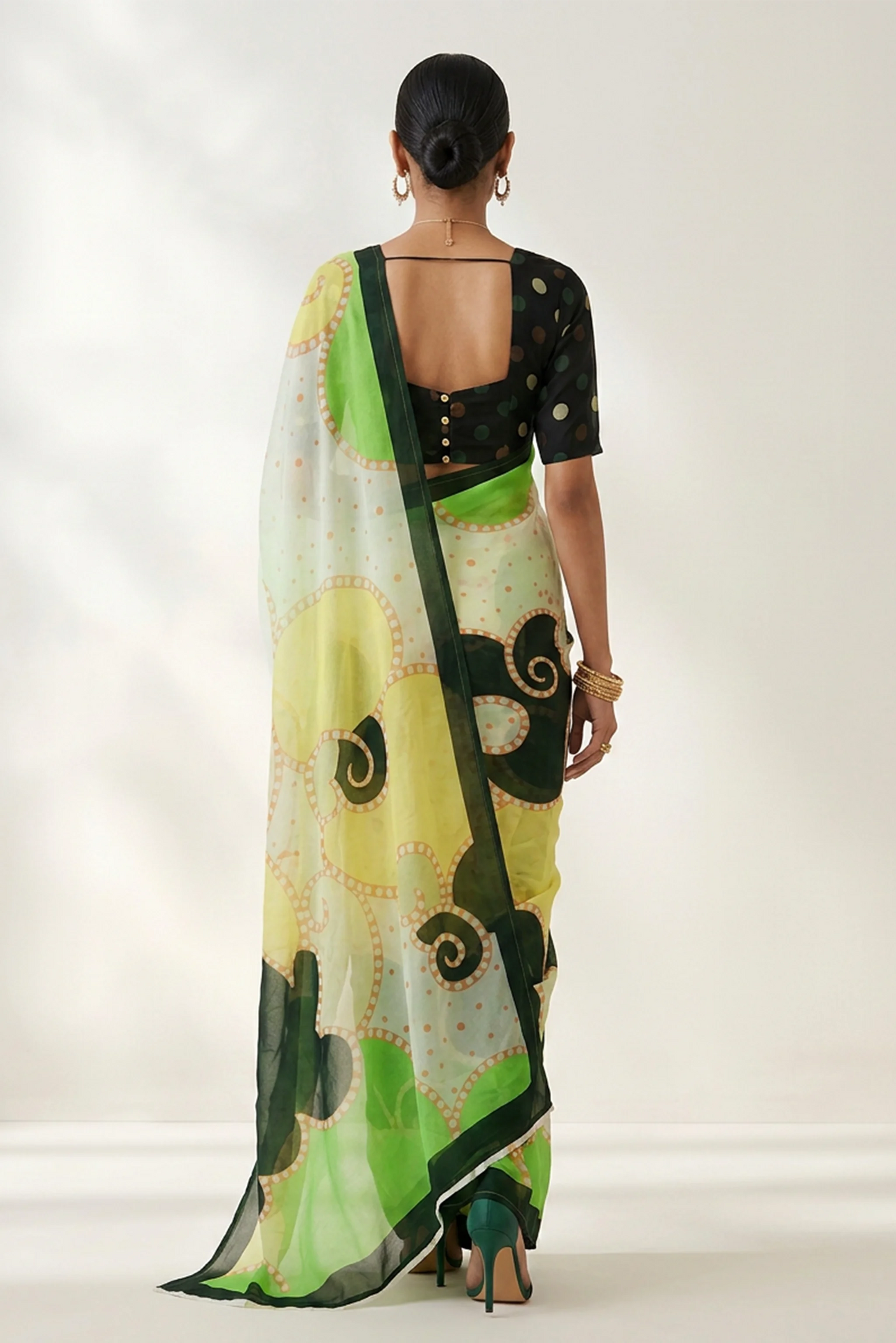 Forest Green Abstract Printed Organza Saree