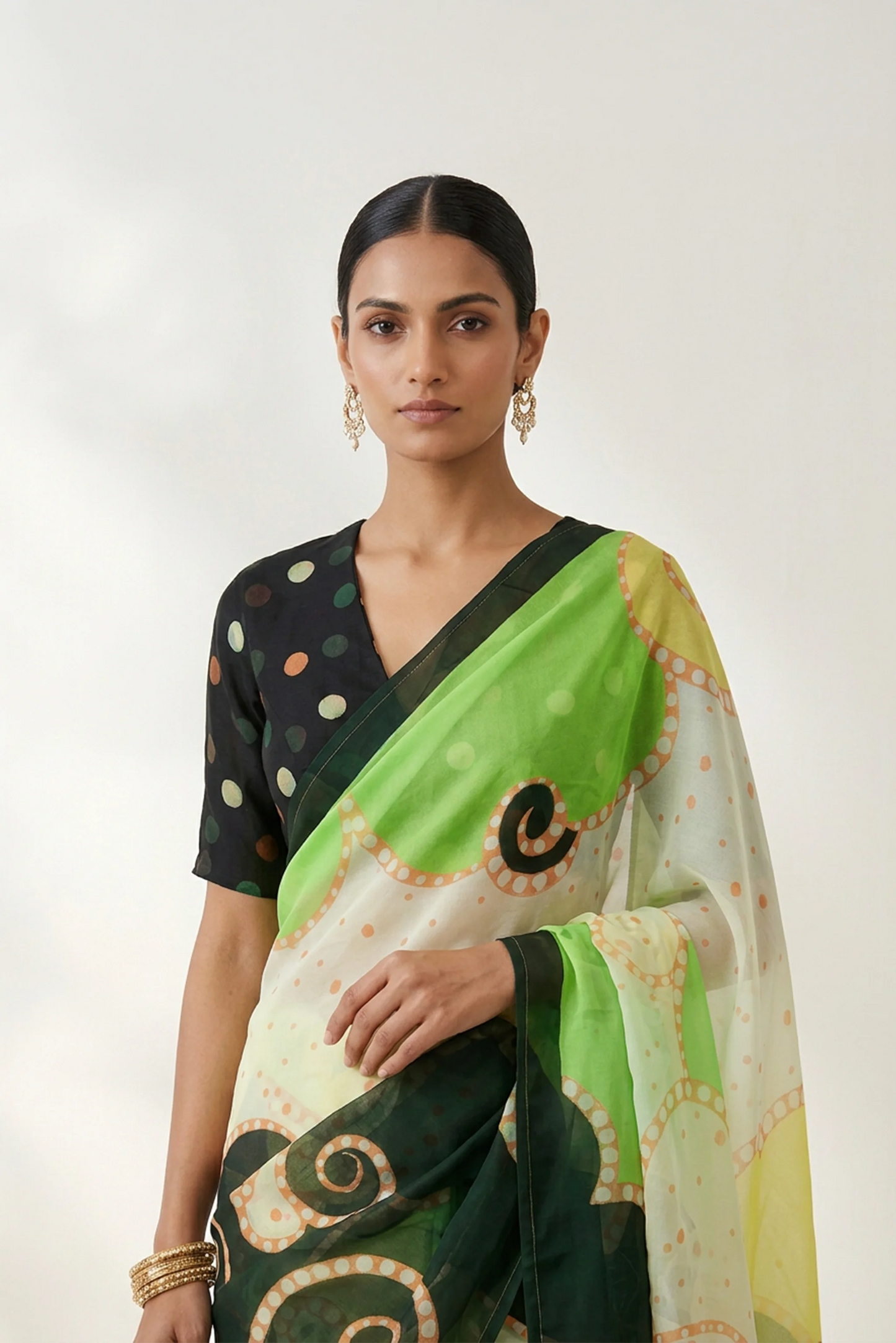 Forest Green Abstract Printed Organza Saree