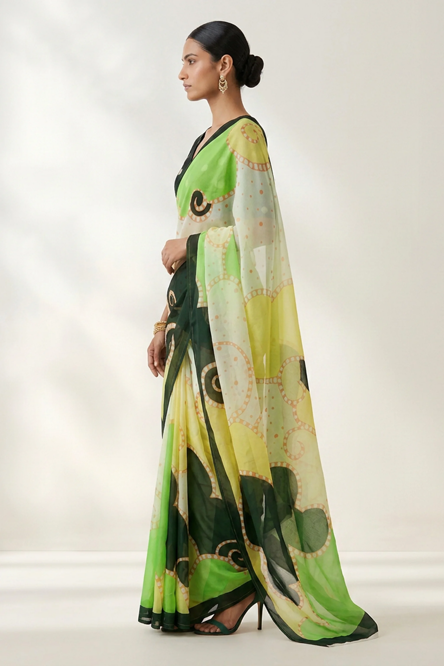 Forest Green Abstract Printed Organza Saree