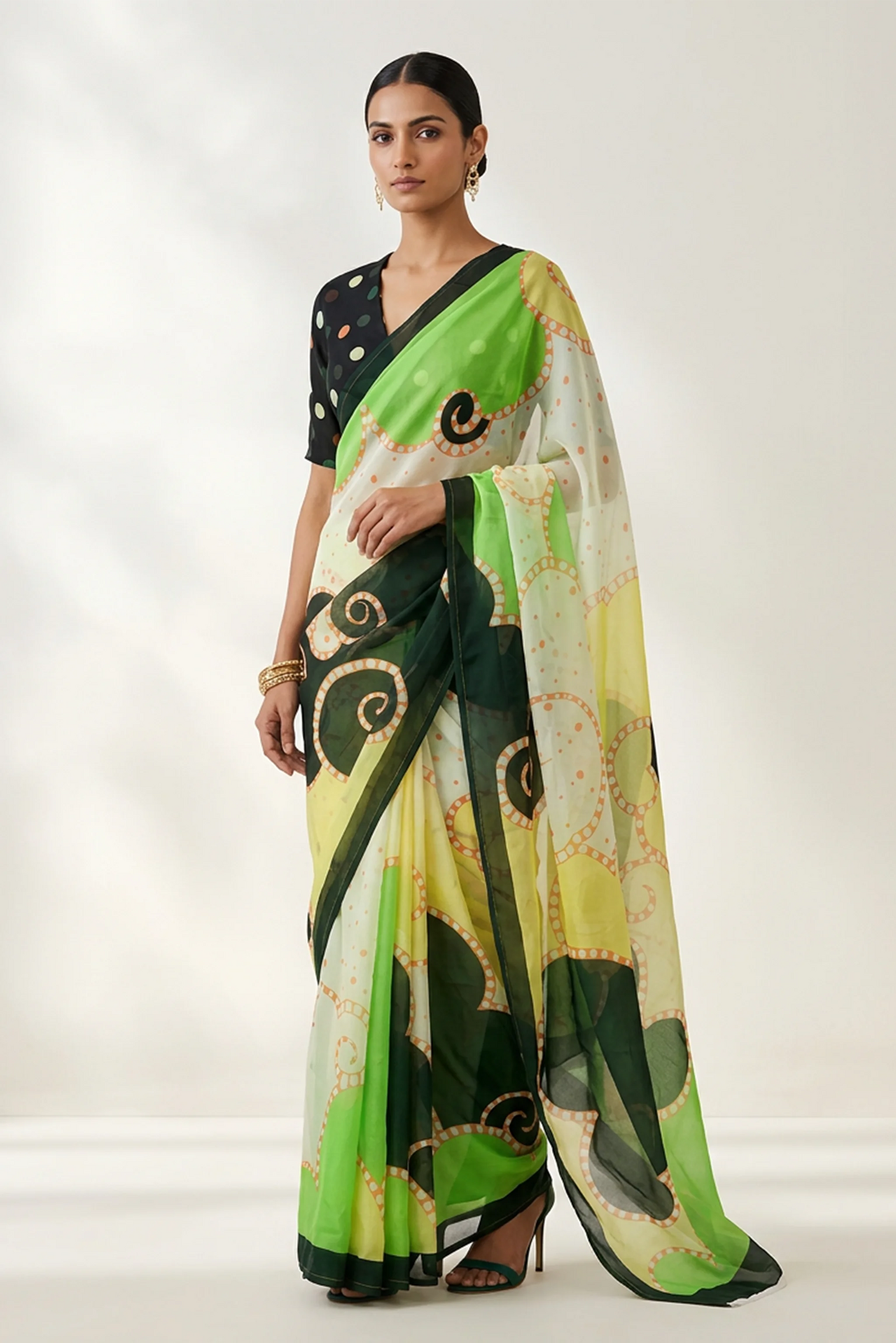 Forest Green Abstract Printed Organza Saree