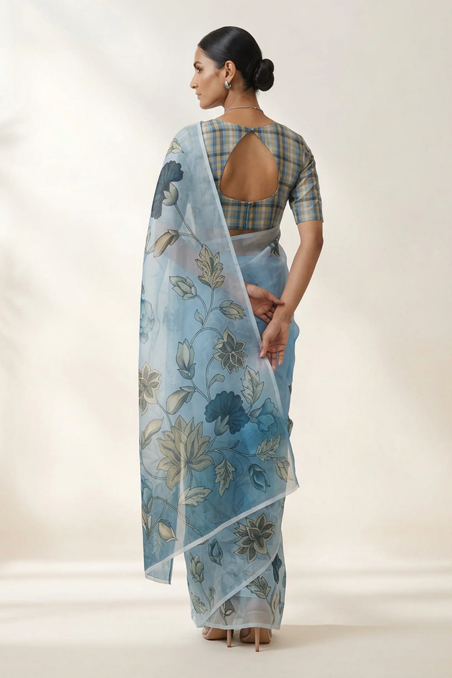 Blue Oversized Floral Printed Organza Saree