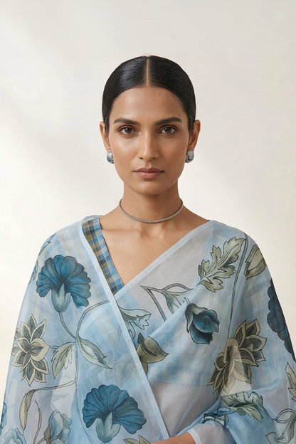 Blue Oversized Floral Printed Organza Saree
