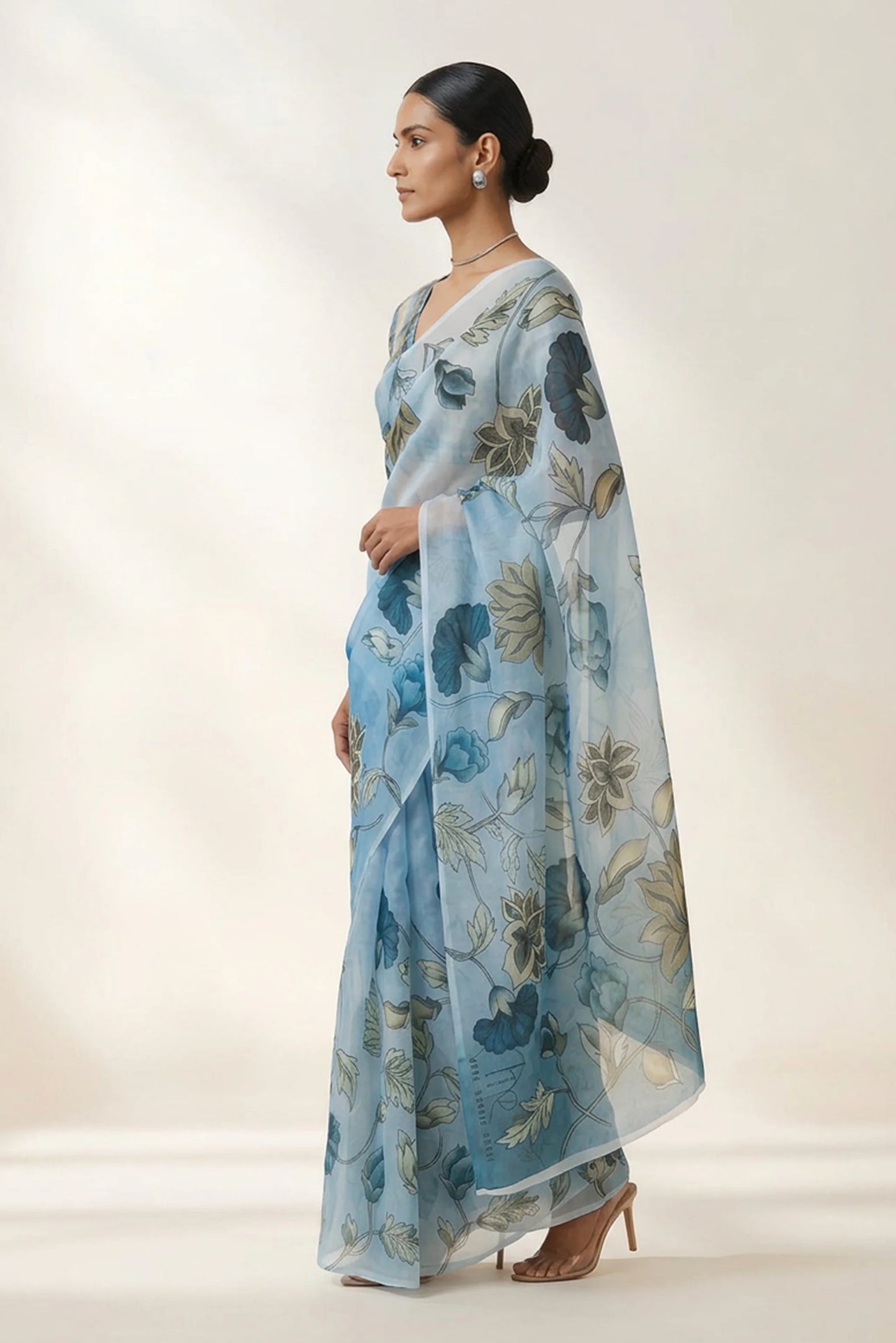 Blue Oversized Floral Printed Organza Saree