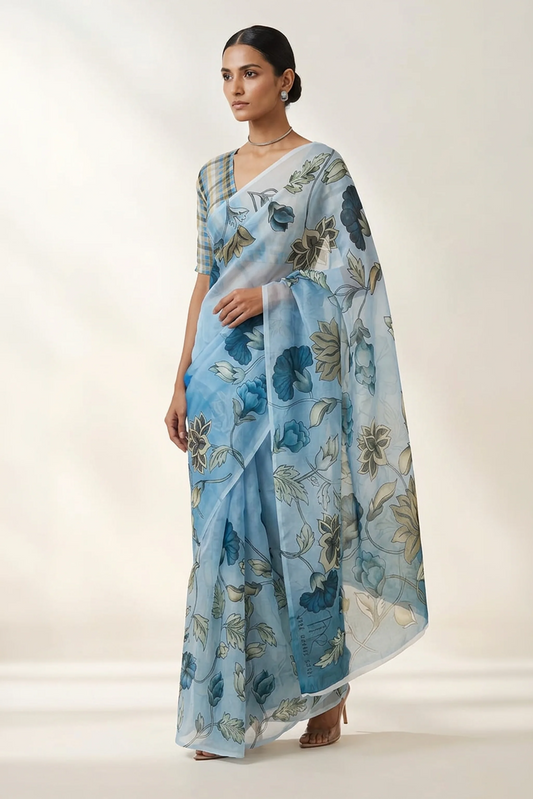 Blue Oversized Floral Printed Organza Saree