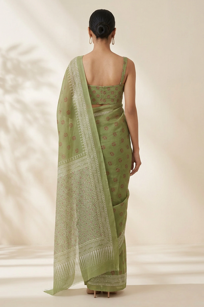 Fern Green Printed Organza Saree