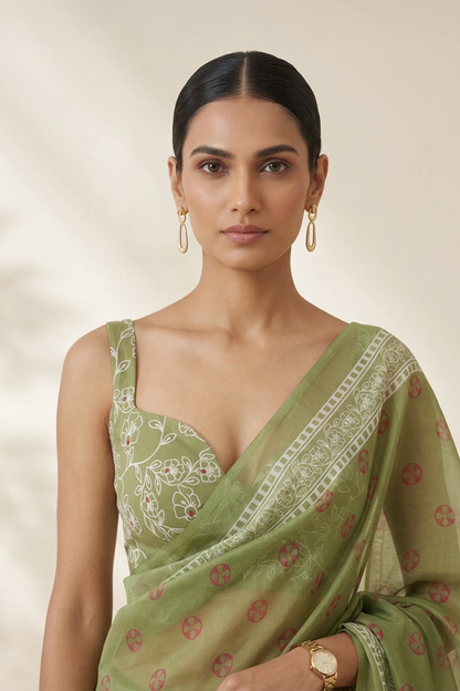 Fern Green Printed Organza Saree