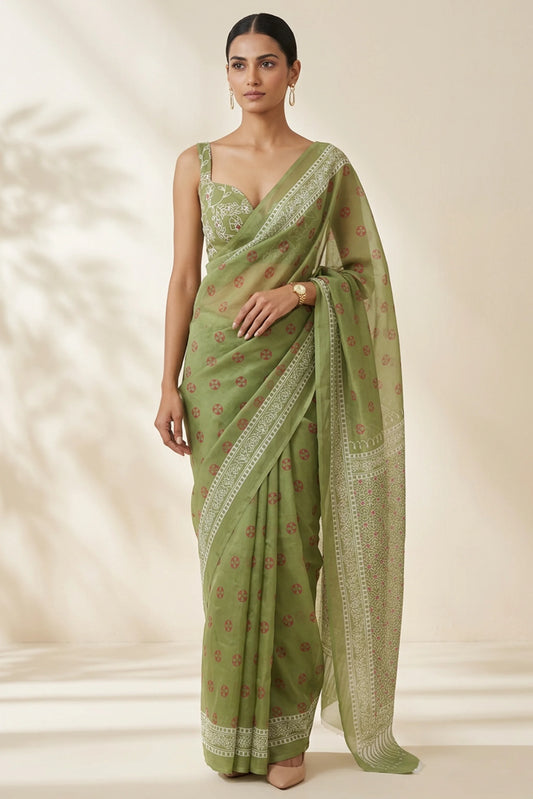 Fern Green Printed Organza Saree