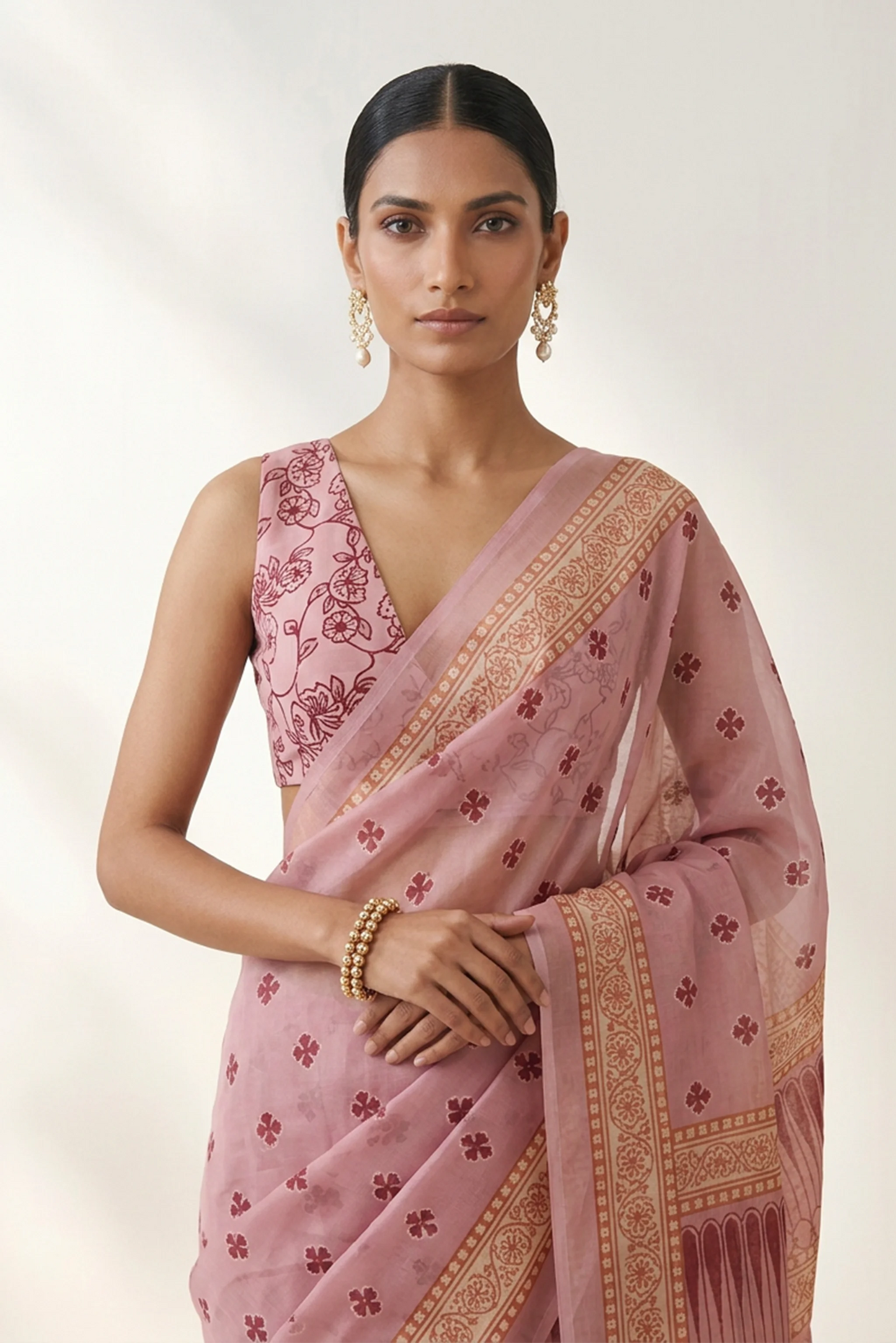 Dusty Rose Printed Organza Saree